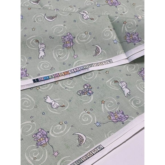 Vintage Green Nursery Fabric Whimsical Teddy Bear Moon 2 YD 42" - Picture 4 of 4
